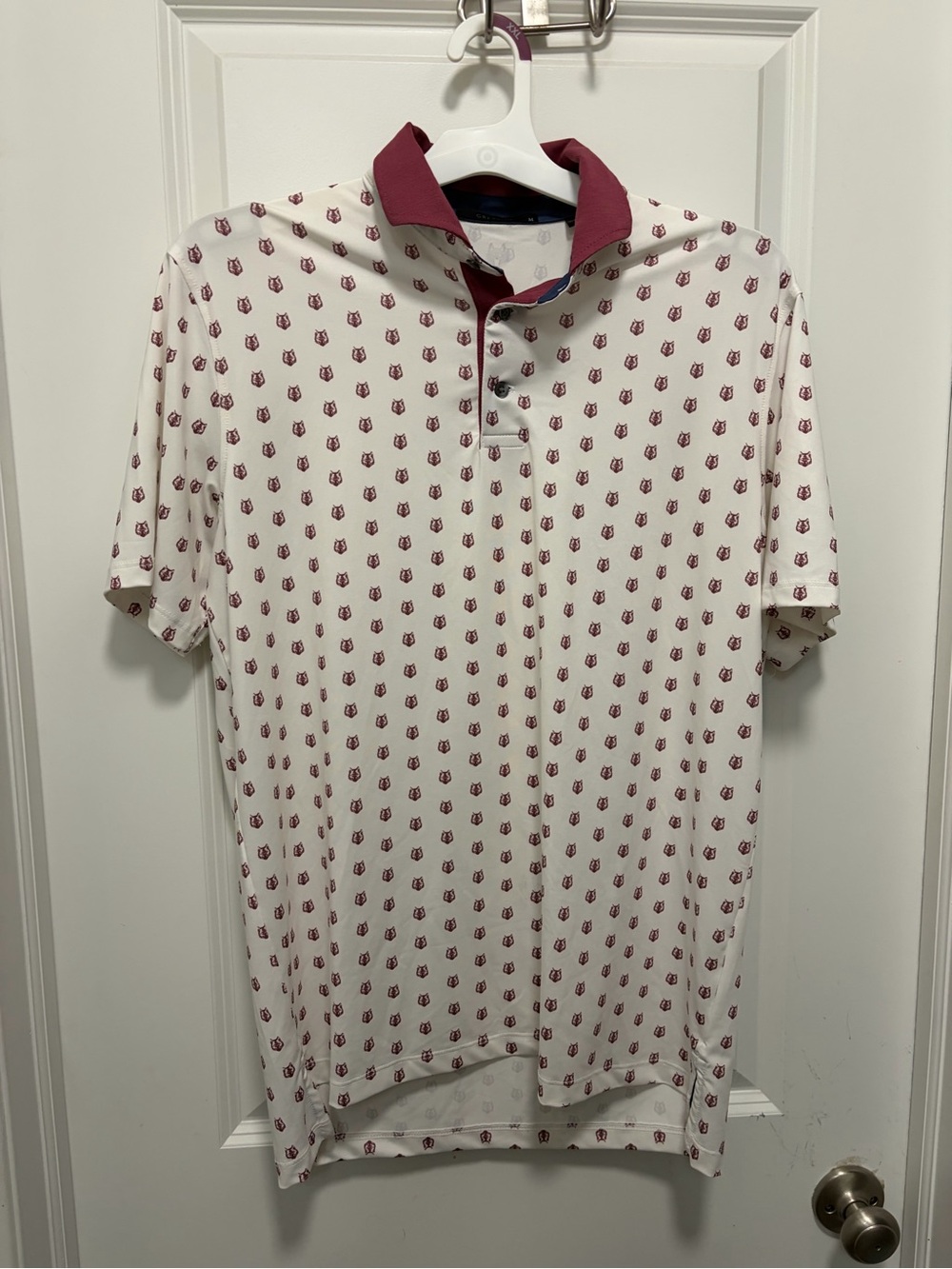 Greyson Men's White Polo Maroon Patterned Collar and wolves medium